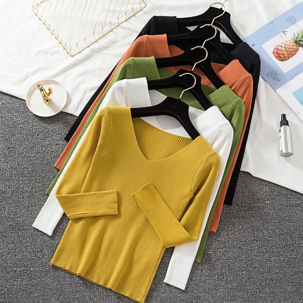 

повседневный кашемировый джемпер свитер женщины с длинным рукавом slim fit v-образным вырезом чистые свитера осень зима твердые дамы вязаные, White;black