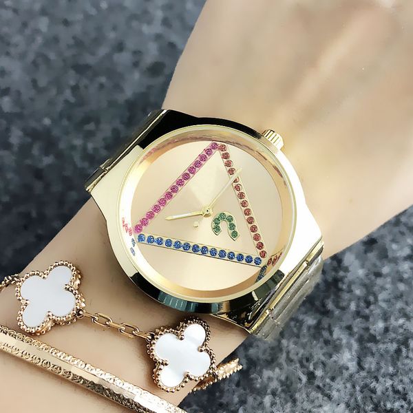 Marca relógio feminino menina cristal colorido estilo triângulo metal aço pulseira quartzo relógios de pulso GS 13