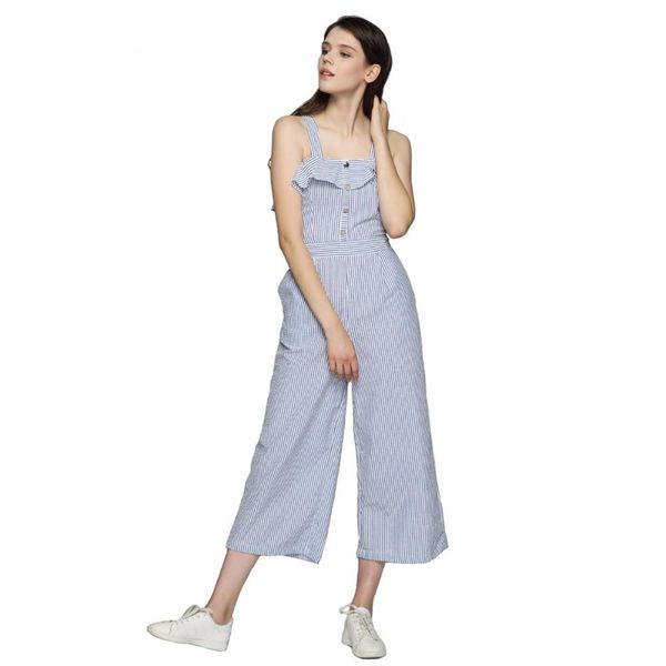

women elegant ruffles striped jumpsuits button straps wide leg rompers ladies summer casual female outwear playsuits breathable, Black;white