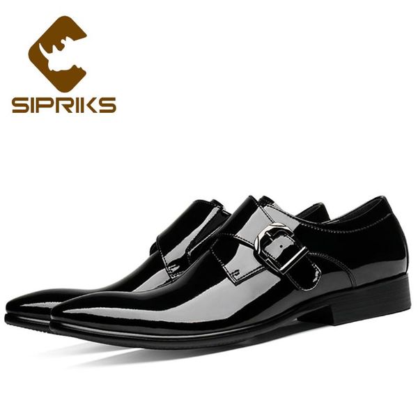 

sipriks mens balck patent leather dress shoes elegant pointed shiny leather buckle strap oxfords male wedding party gents suits, Black