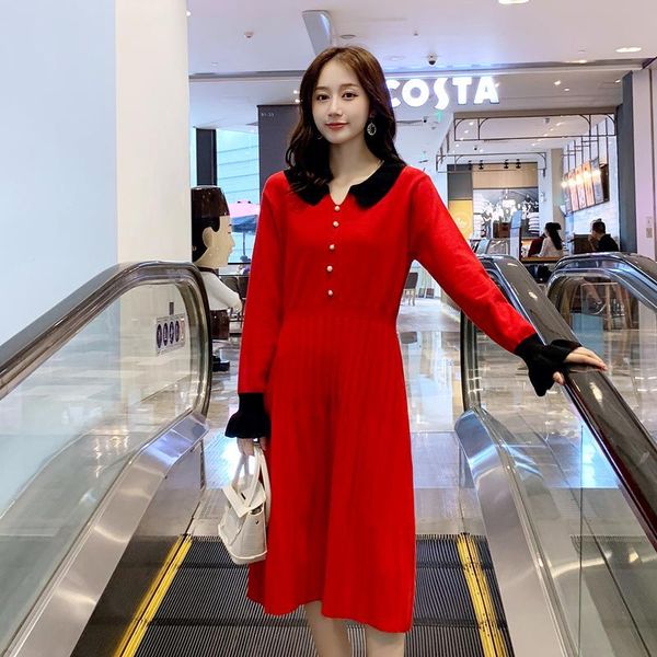 

материнство вязание платье уход длинные flare рукавом питер пэн воротник из бисера пуговицы грудное платье elegant лактация одежда, White