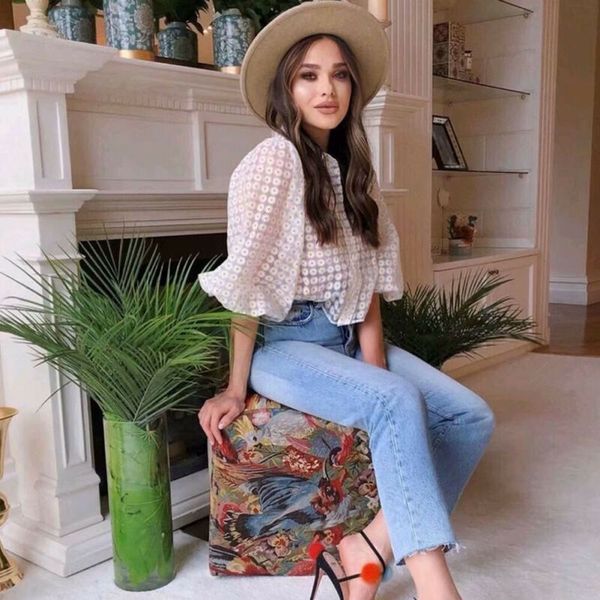 

women boho floral long lantern sleeve shirt fashion perspective blouse, White