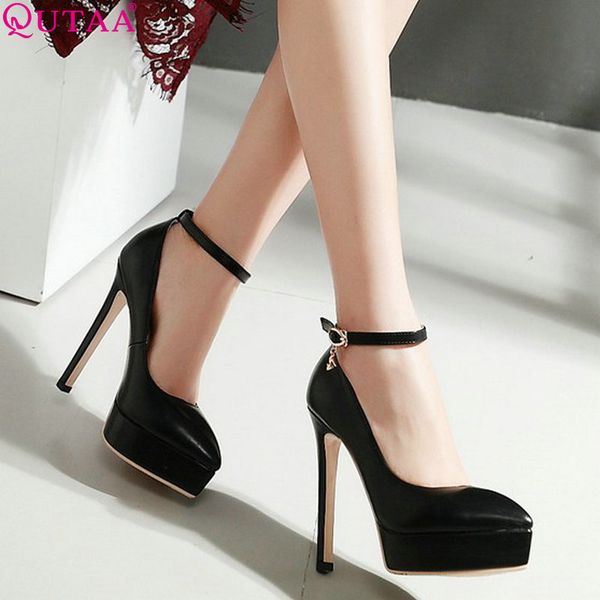 

qutaa 2020 women pumps pu leather women shoes pointed toe super thin high heel platform ladies wedding pumps size 34-43, Black