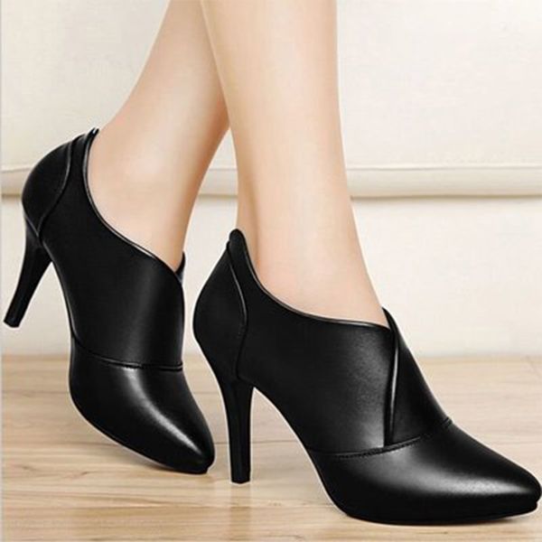 

woman ankle boots pointed toe women high heels slip on women's thin heel female comfort solid shoes ladies pumps plus size, Black