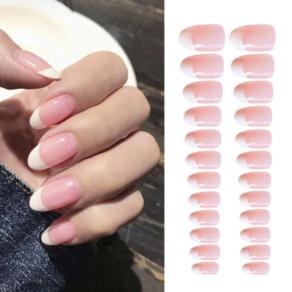 

fashion women girls 24pcs nail art simple french pink round head fake nail patch stickers decals tslm1, Black