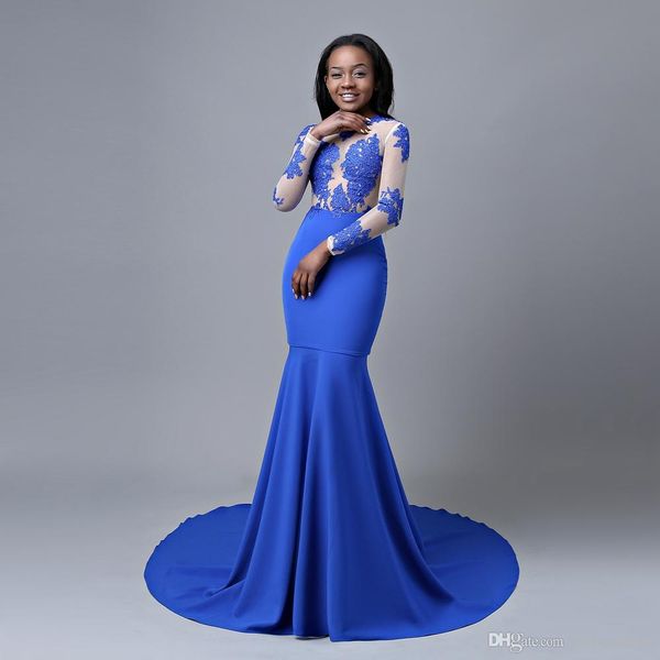 Reale Sexy African Blue Mermaid Prom Dresses alta gioiello Collo Appliqued merletto Evening Gown Plus Size abito da sera formale indossano vesti de soiree