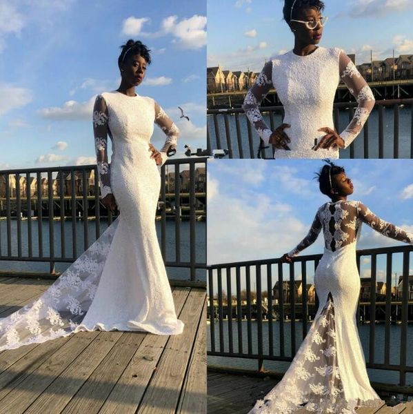 

south african mwemaid wedding dresses vestios de marriage 2020 new custom sweep train see through long sleeve country bridal gowns w274, White