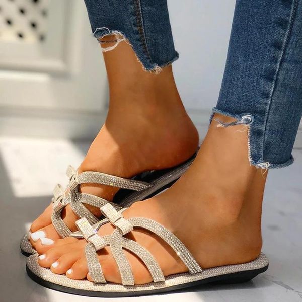 

women shoes 2020 spring new girls flat heels slippers ladies crystal bowknot casual slippers beach casual shoes#0316, Black