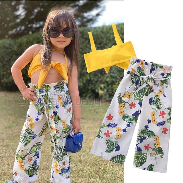 

retail girls boutique outfits summer 2pcs set fashion bow straps +floral wide leg pants baby tracksuit track suits kids designer clothes, White