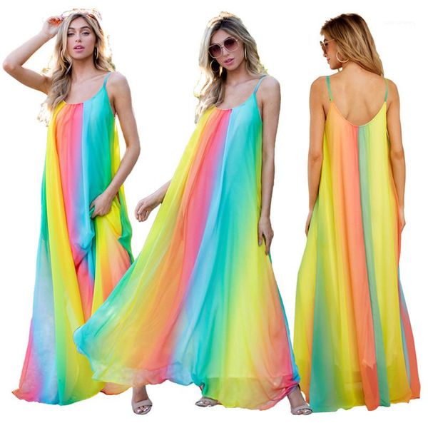 

scoop neck sleeveless womens dresses boho styles gradient rainbow summer womens designer dresses spaghetti strap loose, Black;gray
