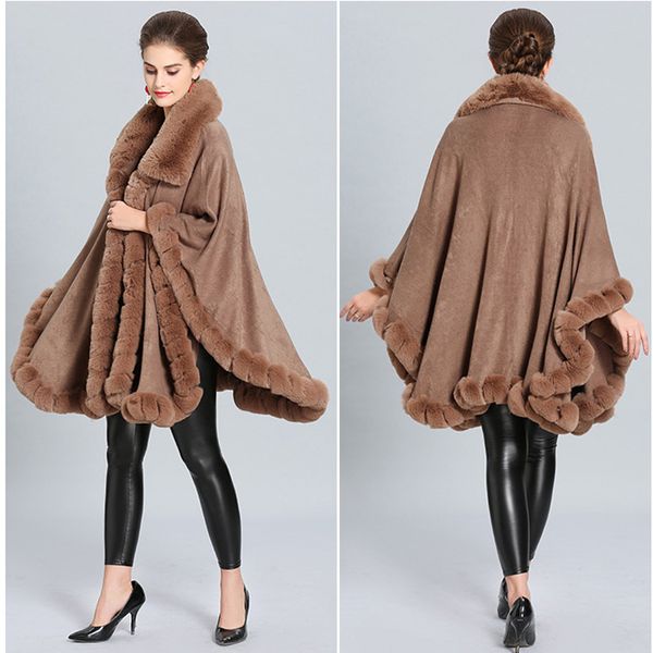 

fur handwork rex full coat cape big shawl cloak long fashion trim faux fur winter lapel cashmere women overcoat qnevc, Black