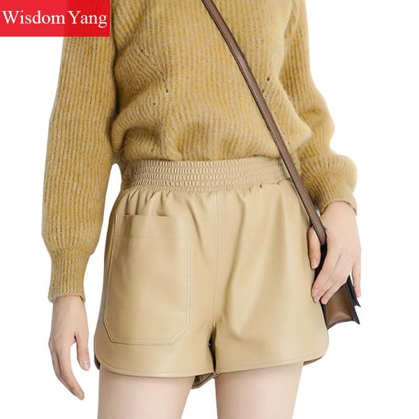 

spring black khaki wide leg real sheep skin genuine leather shorts women elastic high waist shorts ladies short flare trousers, White;black