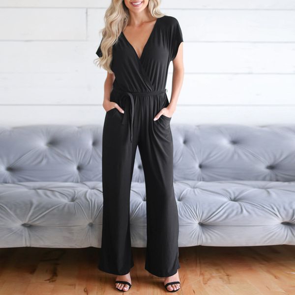 

2019 women jumpsuit romper long sleeve v neck casual playsuit overalls ladies wide leg loose white black solid playsuit, Black;white