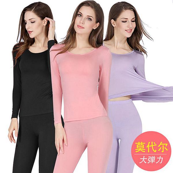 

women long johns 2pcs set thermal underwear female modal super stretch warm underwear set, & bottom long for women, Black;pink