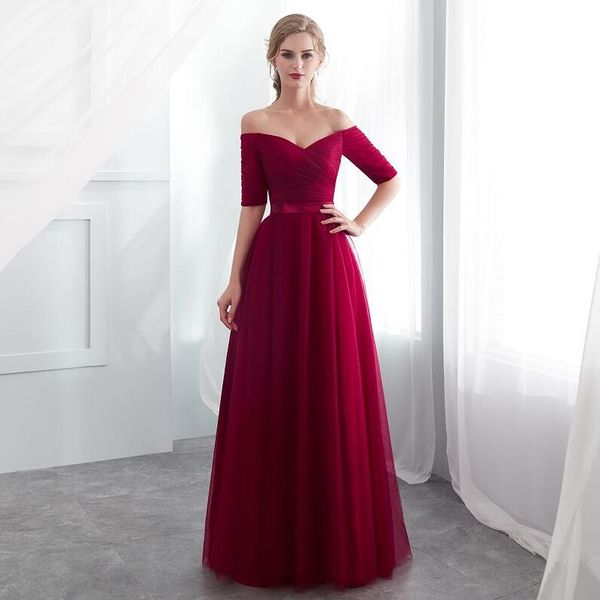 2019 venda quente roxo bateau dama de honra vestidos tulle a-linha real azul meia mangas festa de casamento vestido de festa