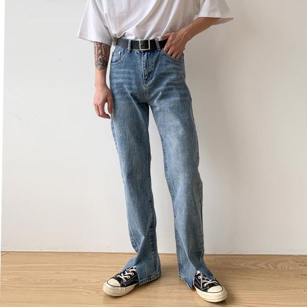 

male vintage fashion streetwear hip hop long jeans trousers japan korea style cowboy pant men split hem straight denim pants, Blue