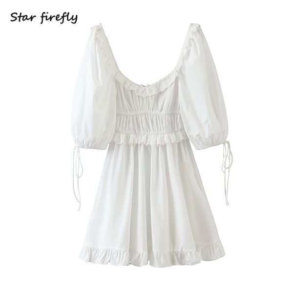 

star firefly fashion dress female 2020 summer casual slim v-neck lantern sleeve pleated solid color dress women, Black;gray