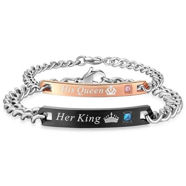 

drop shipping unique gift for lover "his queen""her king " couple bracelets stainless steel bracelets for women men jewe, Golden;silver