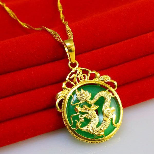 Нефритовый кулон с узором дракона, цепочка из желтого золота 18 карат, женское круговое ожерелье с подвеской, подарок с коробкой214f
