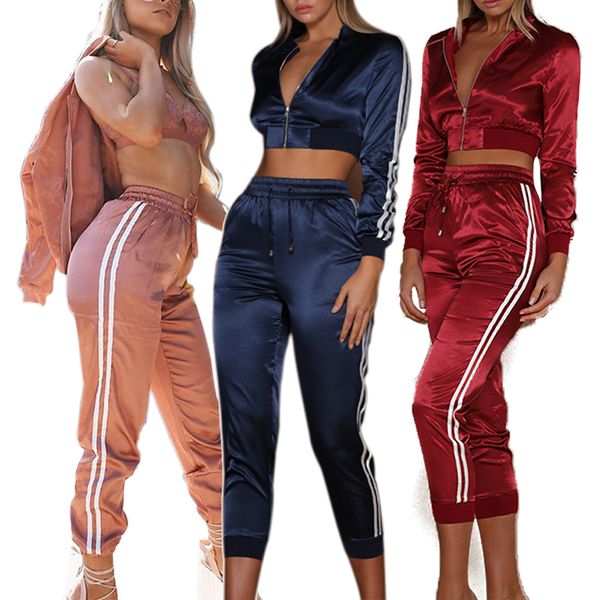 

side stripe calf-length pants set female fashion long sleeves zipper corp and sporting wear women 2 piece set women sets, White