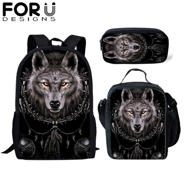 

forudesigns 3pcs/set children school bag for boys wolf totem 3d print orthopedic backpack kids book bags men's cool travel bag