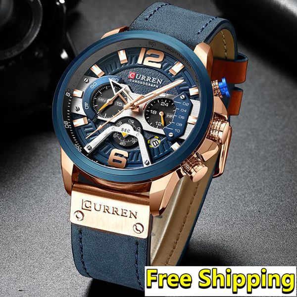 

curren men watch brand luxury chronograph big dial male watch wrist leather waterproof sport army military man watches 2019, Slivery;brown