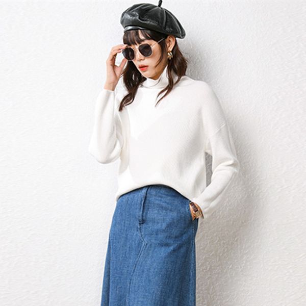 

smpevrg 2019 new autumn and winter sweater women's turtleneck sweater loose pile collar lazy wind knit wool bottoming shirt, White;black