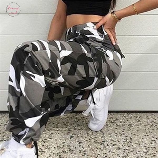 

high women waist camouflage pants fashion pantalon femme trouser ankle length sweatpants cotton polyester streetwear pants drop shipping, Black;white