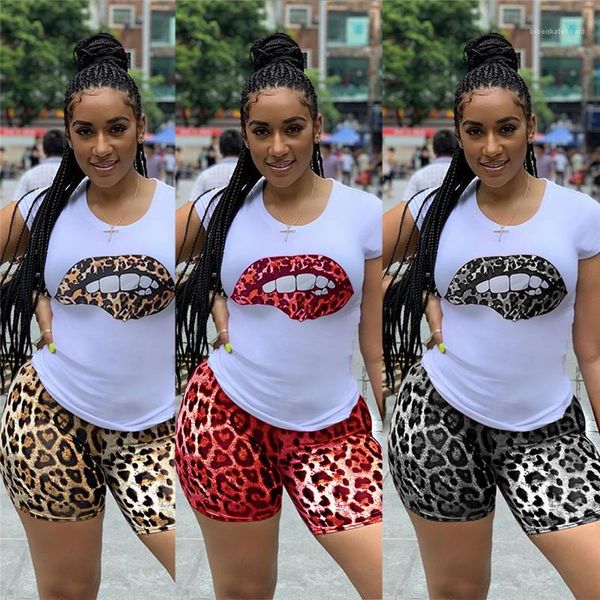 

womens 2pcs set casual sport female clothing lips printed women tracksuit summer leopard printed short sleeve, Gray