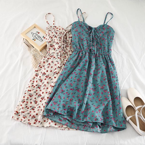 

vintage floral chiffon summer dress women sleeveless spaghetti straps dress elastic waist short mini ladies dresses c6096, Black;gray