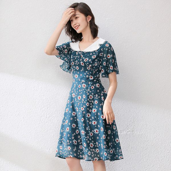 

little daisy chiffon dress 2020 age-reducing v-neck high waist slim sweet and beautiful printed dress, Black;gray