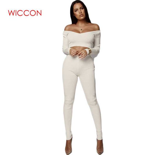 

2019 suits women fashion two piece set knitted ribbed slash neck crop elastic slim long pencil pants female vestido, White