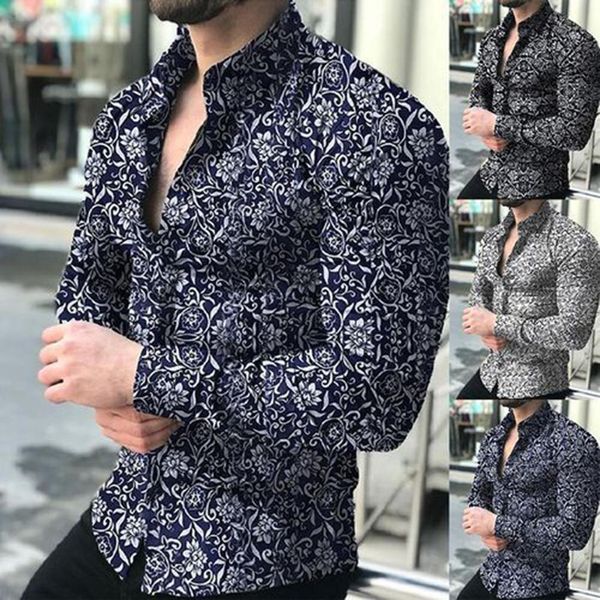 

fashion spring autumn men shirt luxury floral print long sleeve slim fits men shirts streetwear social shirt camisa masculina, White;black