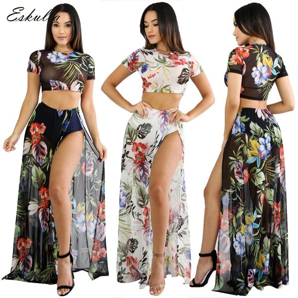 

EskullaSexy Translucent Summer Mesh Dress New Fashion Sexy Party suit Gauze suits Women Print O-Neck Dresses