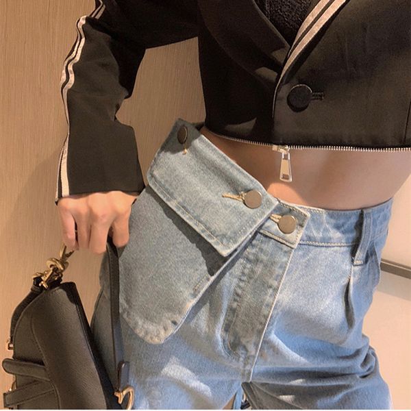 

women's jeans ningde] ~ glacier blue waist big pocket straight tube loose pants in early autumn 2021