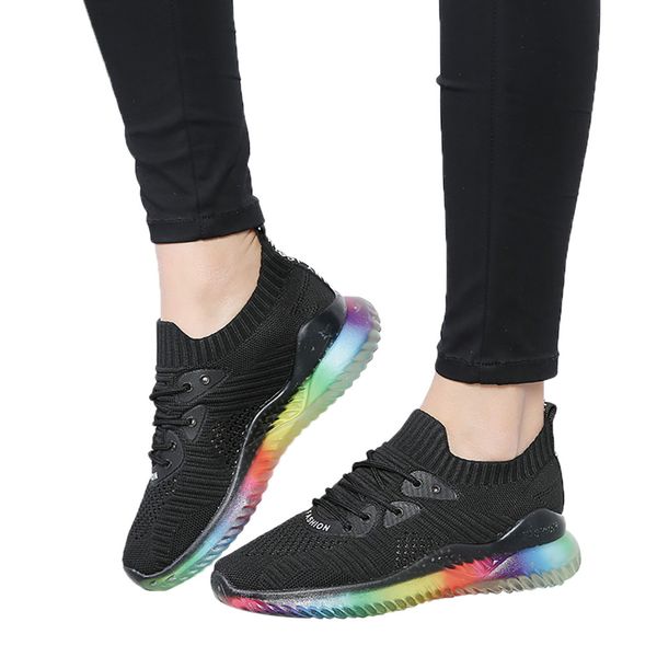 

women's mesh shoes colorful rainbow jelly soles sneakers outdoor woven breathable casual shoes girls running soft flat, Black