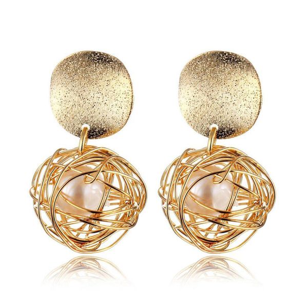 Kreative Legierung Weben Anhänger Ohrringe Aushöhlen Gold Ball Spule Wicklung Perle Ohr Bolzen Ohrring Frauen Mode Eardrop Schmuck Aussage geschenk