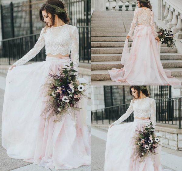 

2019 chic boho wedding dresses lace jewel neck two pieces a line long sleeve wedding dress custom made chiffon skirt bohemian bridal gowns, White