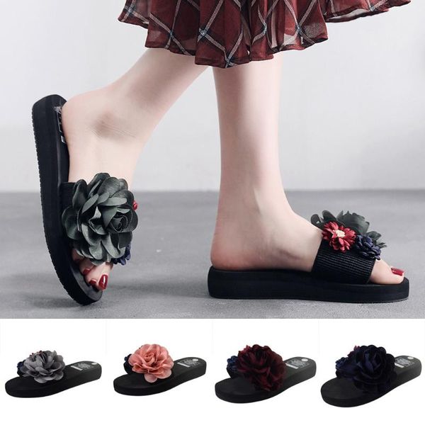 

women's summer flower seaside vacation shoes non-slip flat-bottom beach fashionable women shoes slippers for women, Black