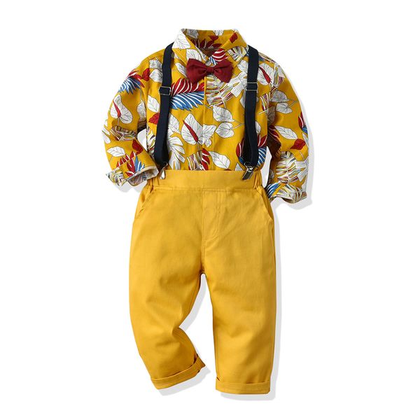 

autumn children sets boy print floral shirts with yellow overalls 2019 kids fashion gentleman 2pcs outfits baby clothes, White