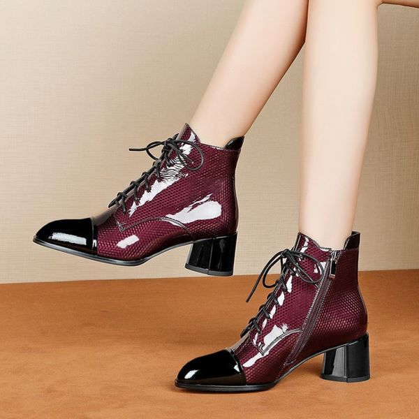 

mljuese 2020 women ankle boots cow leather lace up winter short plush red color high heels boots women party wedding, Black