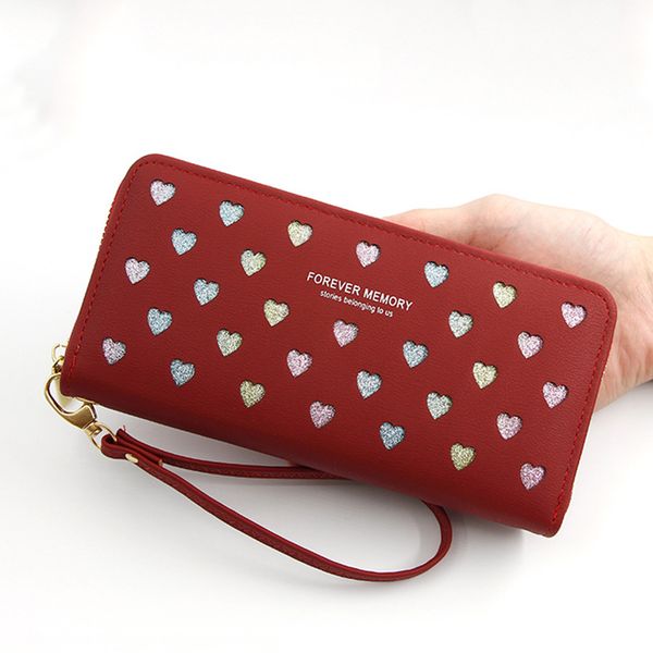 

hollow small love female purse wallet women clutch purse leather long wallet phone bag coin card holder money zipper strap, Red;black