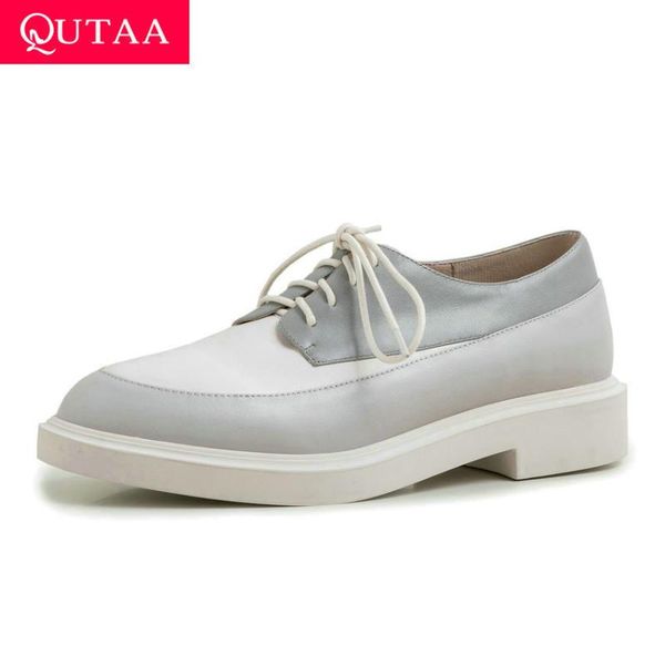

qutaa 2020 round toe square heel lace up casual women single shoes spring mixed color cow leather fashion ladies pumps size34-39, Black