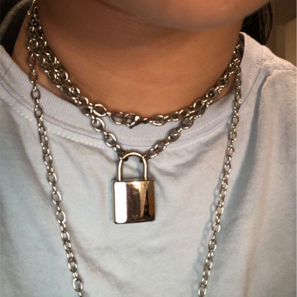 

100% handmade padlock key pendant necklace set 50 60 70cm long metal chain necklace for men women girls boys friend gift, Golden;silver