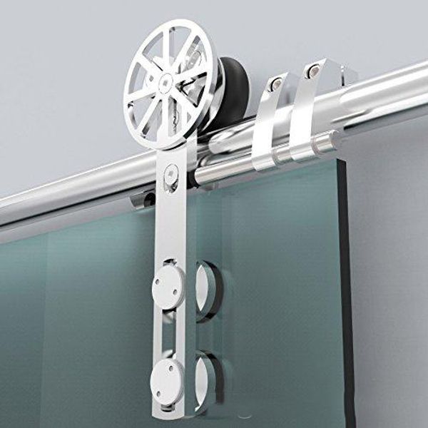 5ft-8ft Glas-Scheunentor-Hardware-Schienenset aus gebürstetem Edelstahl, verschiebbares Speichenrad