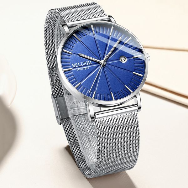 

belushi original classic dial design men's clock quartz watch men waterproof calendar fashion watches steel strap, Slivery;brown