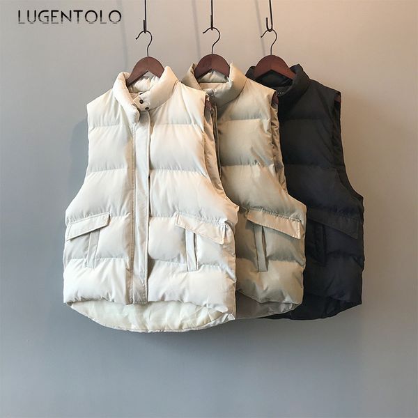 

lugentolo women vest winter coat warm new korean simple loose standing collar bread clothing casual pocket coats fashion vests, Black;white