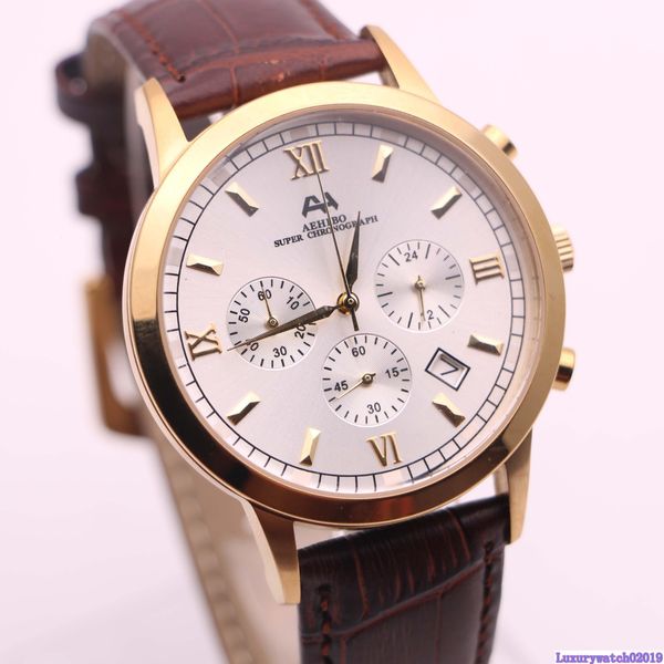 

7type 2017 fashion new brand aehibo watches for men white dial brown leather gold watch quartz vk super chronograph watch men s watches, Slivery;brown