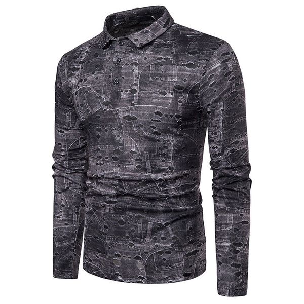 

slim lapel neck designer mens polos hole long sleeve casual tees fashion breathable male clothing, White;black