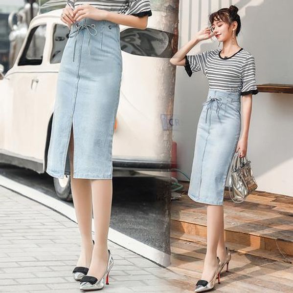 

women jean skirt summer high waist denim skirts women drawstring zip midi skirt casual saia jeans blue split jupe femme lj603, Black